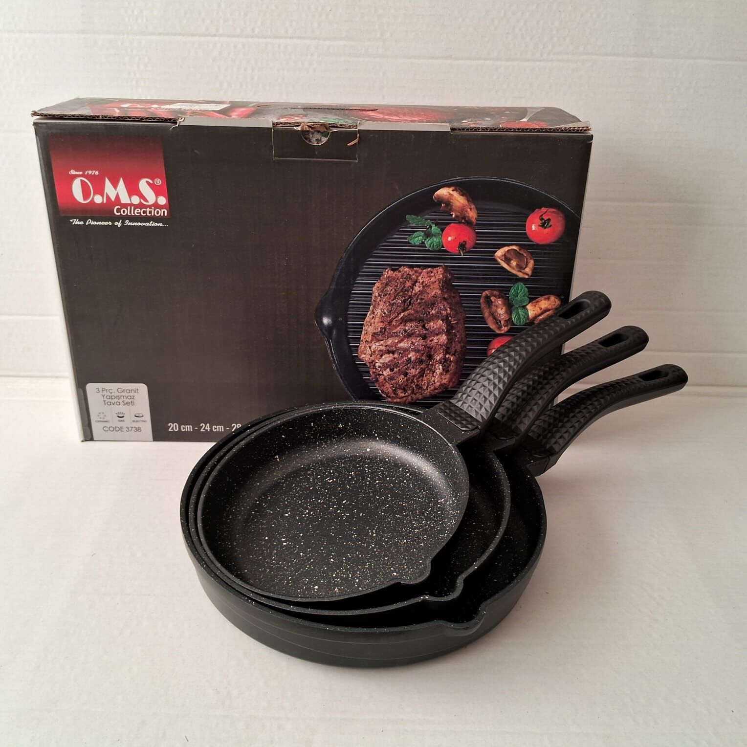 Oms 3 parça döküm granit tava seti